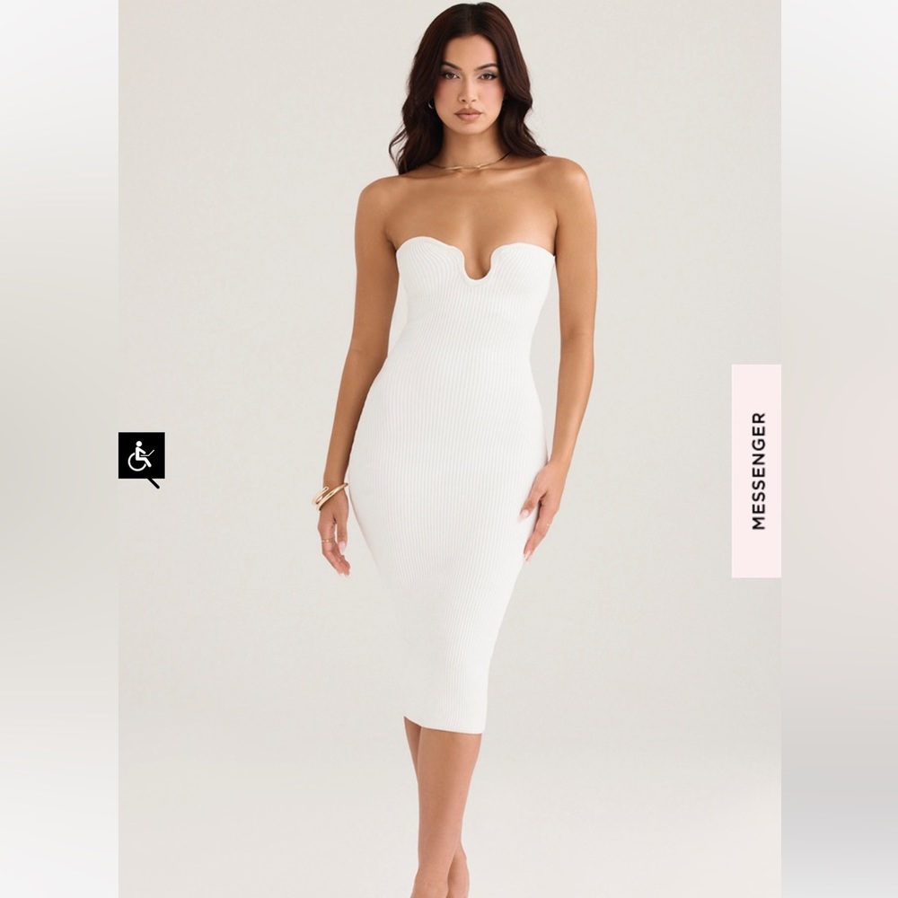 HOUSE OF CB 'Oriana' White Ribbed Knit Strapless Midi Dress/Size M US 6-8